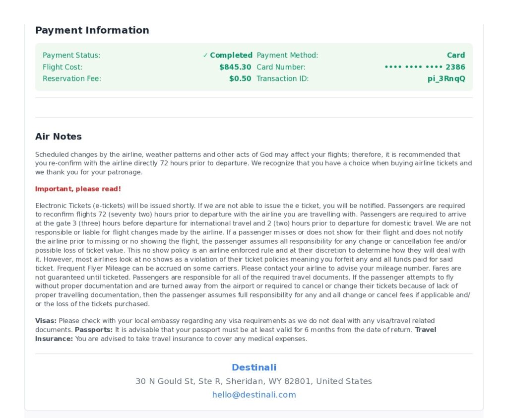 flight itinerary without payment